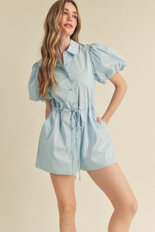 Puff sleeve blue romper