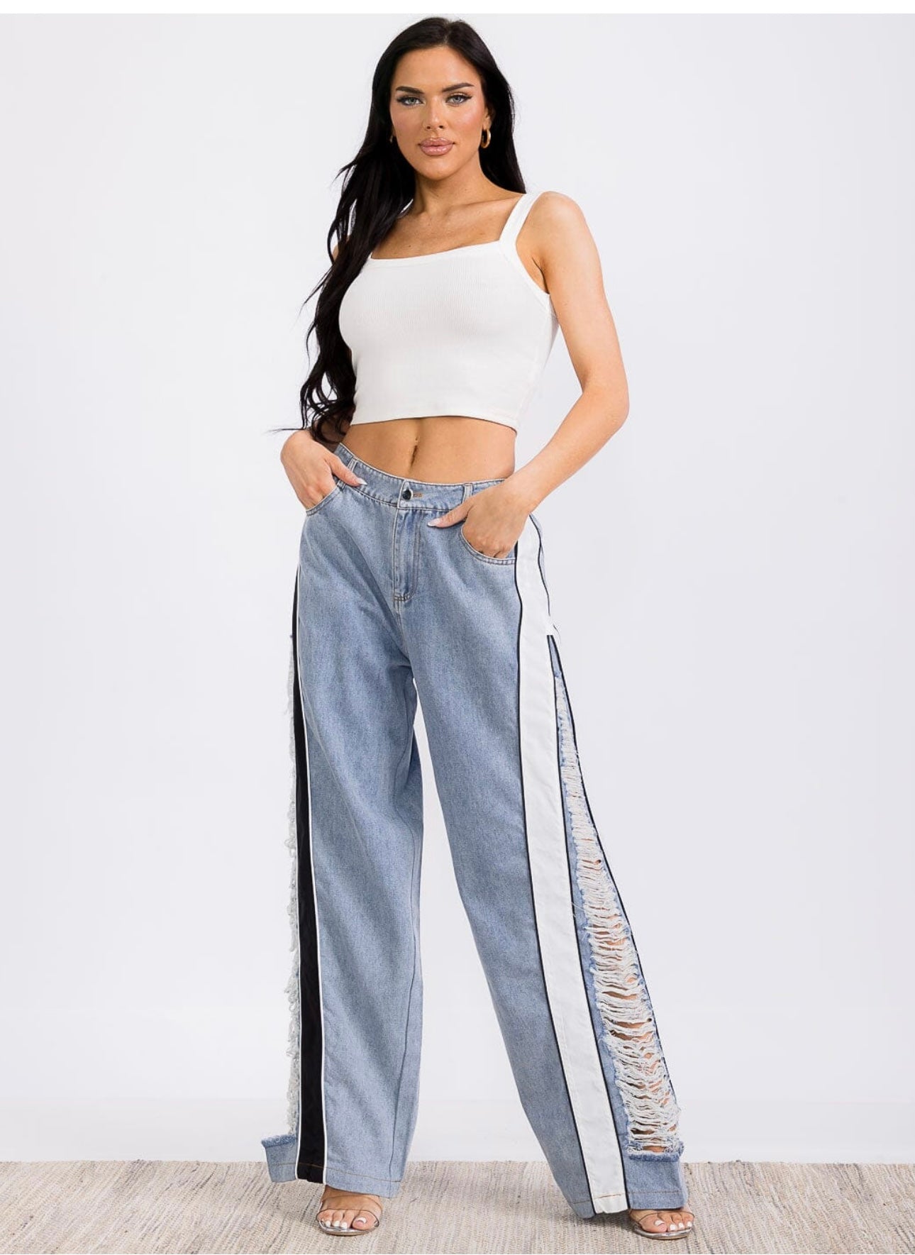 COLORBLOCK DENIM WIDE LEG PANTS