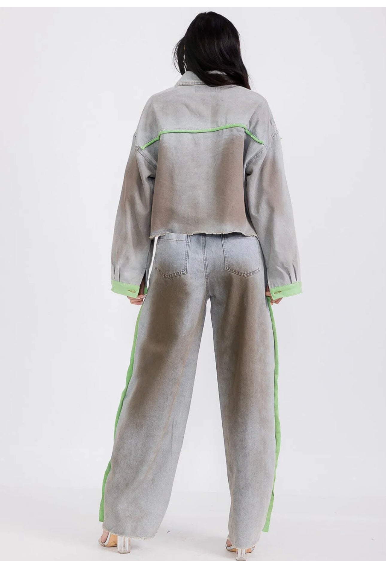 LONG SLEEVE JACKET & WIDE LEG PANTS COLORBLOCK DENIM 2PC. SET