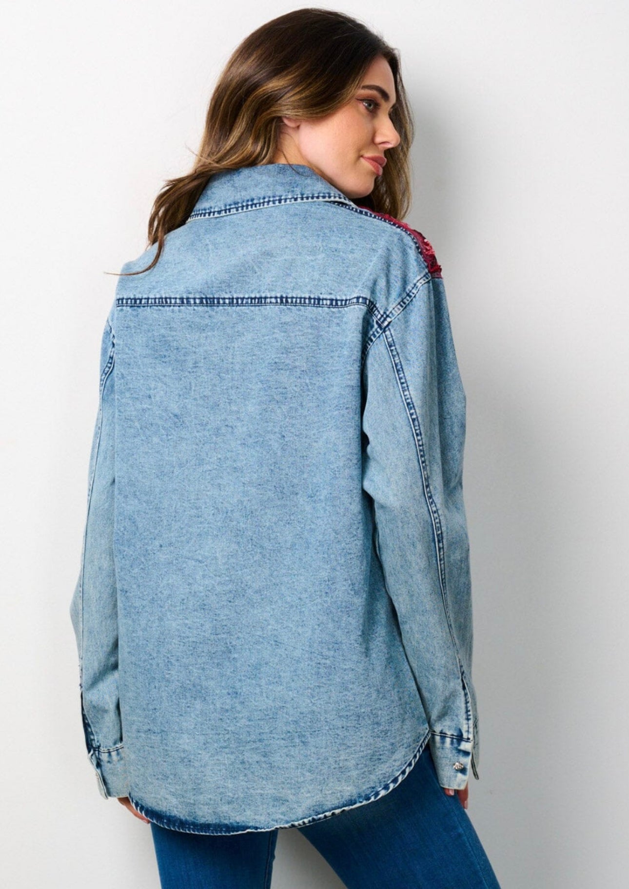 BUTTON UP FLORAL EMBROIDERY STUDS DETAILED DENIM TOP