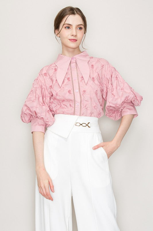 PUFF SLEEVE PINK COLLAR SHIRT