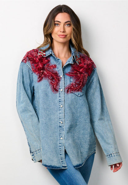 BUTTON UP FLORAL EMBROIDERY STUDS DETAILED DENIM TOP