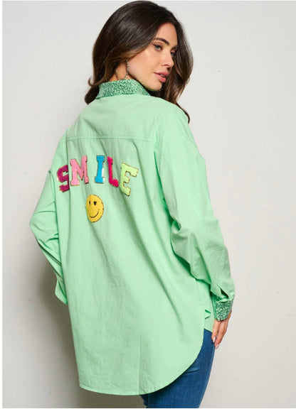 LONG SLEEVE BUTTON UP SEQUINS GRAPHIC BLOUSE TOP