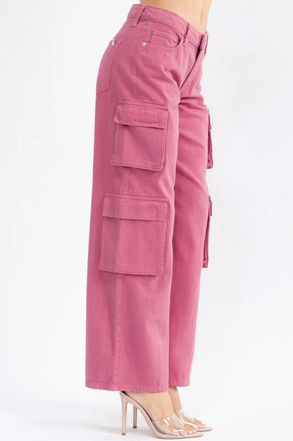 PINK CARGO WIDE LEG DENIM PANTS