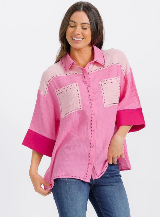 PINK COLORBLOCK BLOUSE