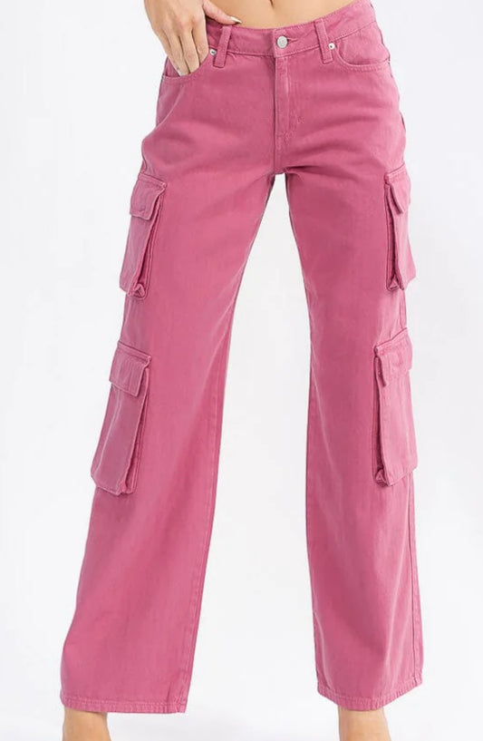 PINK CARGO WIDE LEG DENIM PANTS