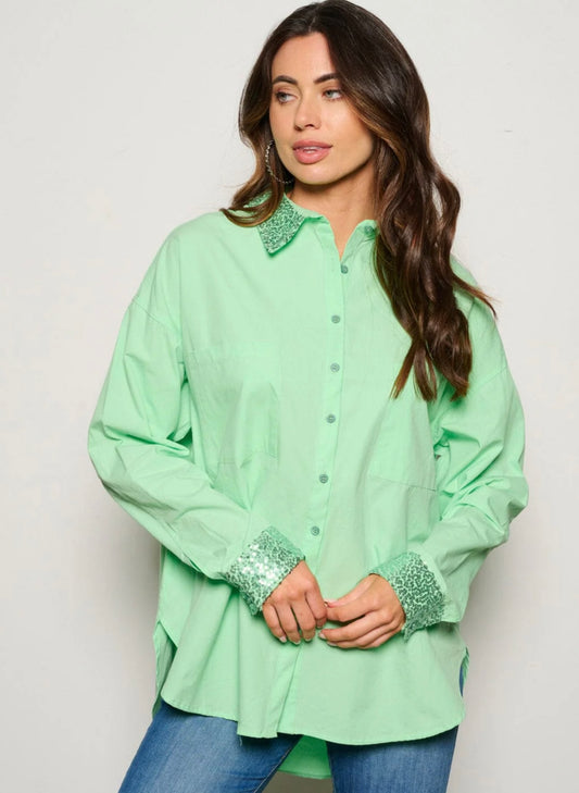 LONG SLEEVE BUTTON UP SEQUINS GRAPHIC BLOUSE TOP