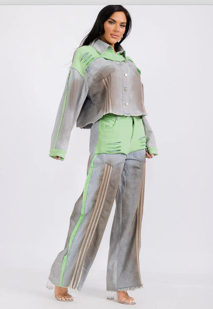 LONG SLEEVE JACKET & WIDE LEG PANTS COLORBLOCK DENIM 2PC. SET