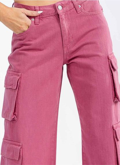 PINK CARGO WIDE LEG DENIM PANTS