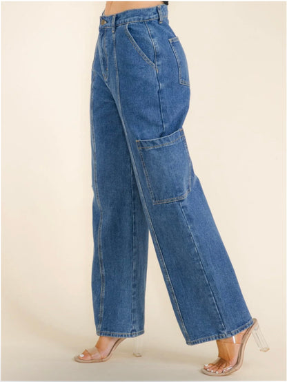 CARGO POCKETS WIDE LEG DENIM PANTS