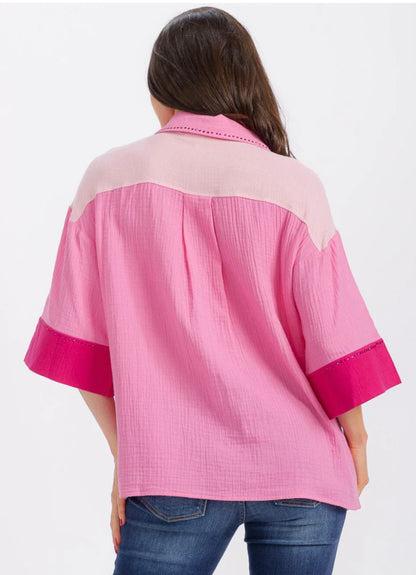 PINK COLORBLOCK BLOUSE