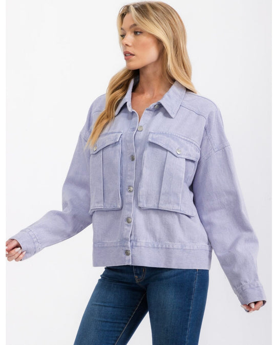 LONG SLEEVE BUTTON UP FRONT POCKETS WASHED DENIM JACKET