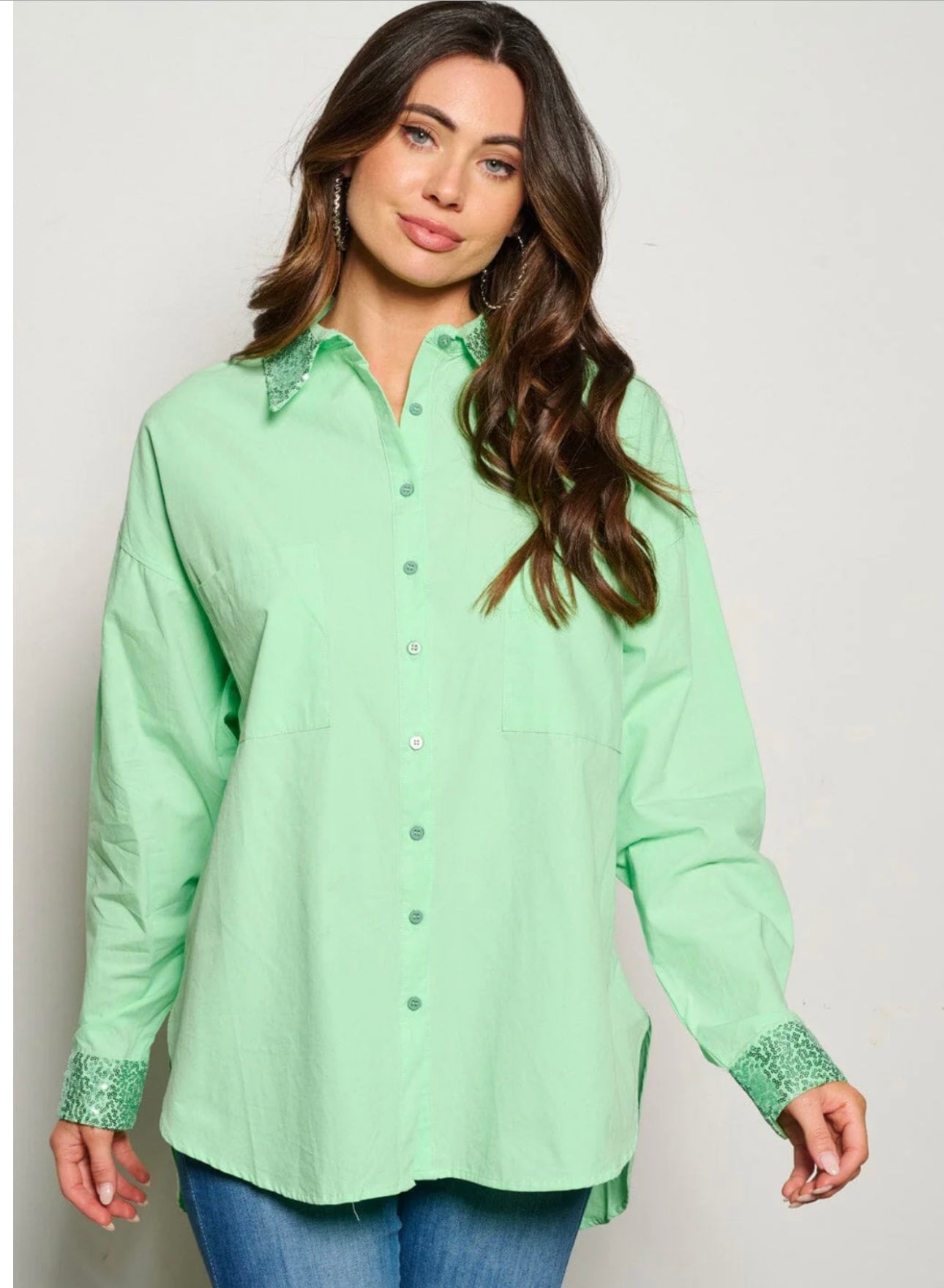 LONG SLEEVE BUTTON UP SEQUINS GRAPHIC BLOUSE TOP