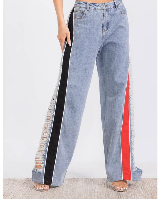 COLORBLOCK DENIM WIDE LEG PANTS