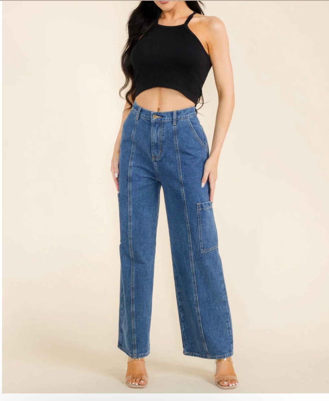 CARGO POCKETS WIDE LEG DENIM PANTS