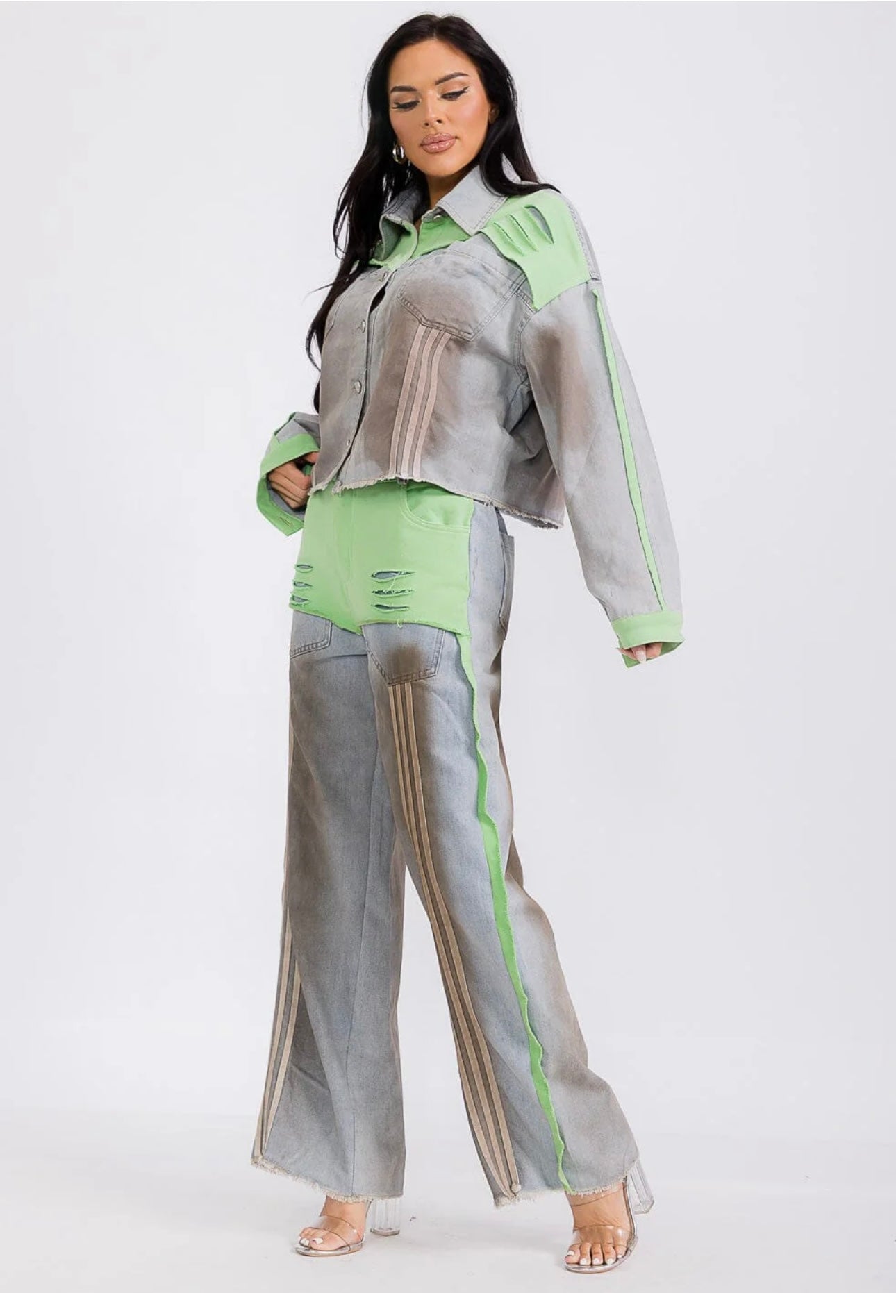 LONG SLEEVE JACKET & WIDE LEG PANTS COLORBLOCK DENIM 2PC. SET