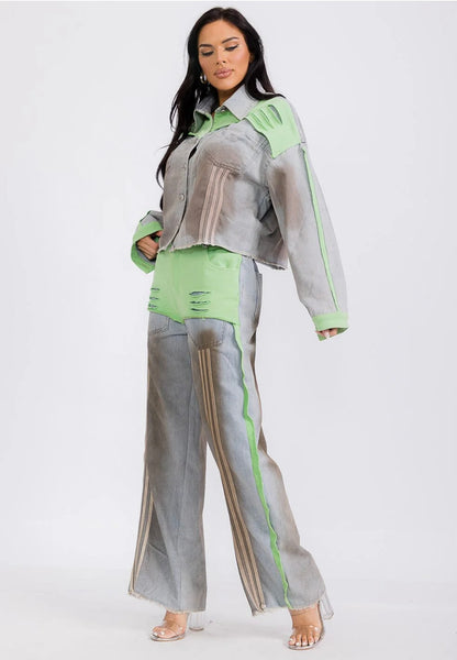 LONG SLEEVE JACKET & WIDE LEG PANTS COLORBLOCK DENIM 2PC. SET