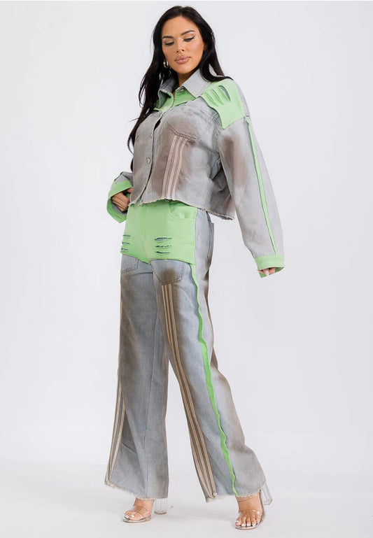 LONG SLEEVE JACKET & WIDE LEG PANTS COLORBLOCK DENIM 2PC. SET