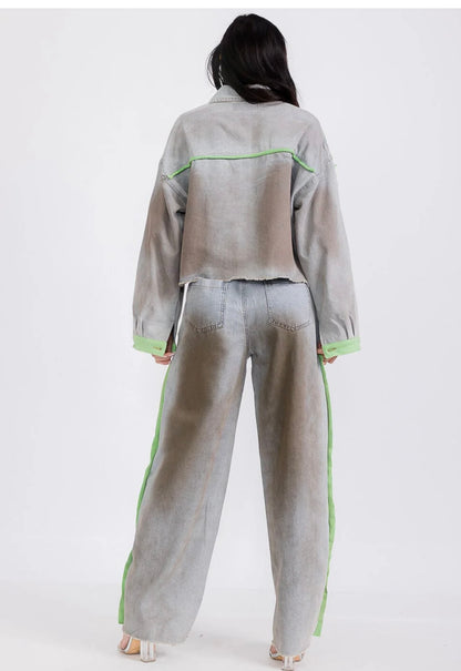 LONG SLEEVE JACKET & WIDE LEG PANTS COLORBLOCK DENIM 2PC. SET