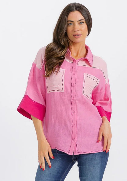 PINK COLORBLOCK BLOUSE