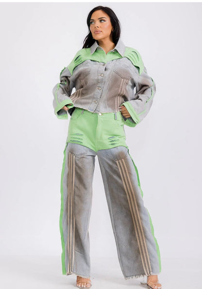 LONG SLEEVE JACKET & WIDE LEG PANTS COLORBLOCK DENIM 2PC. SET
