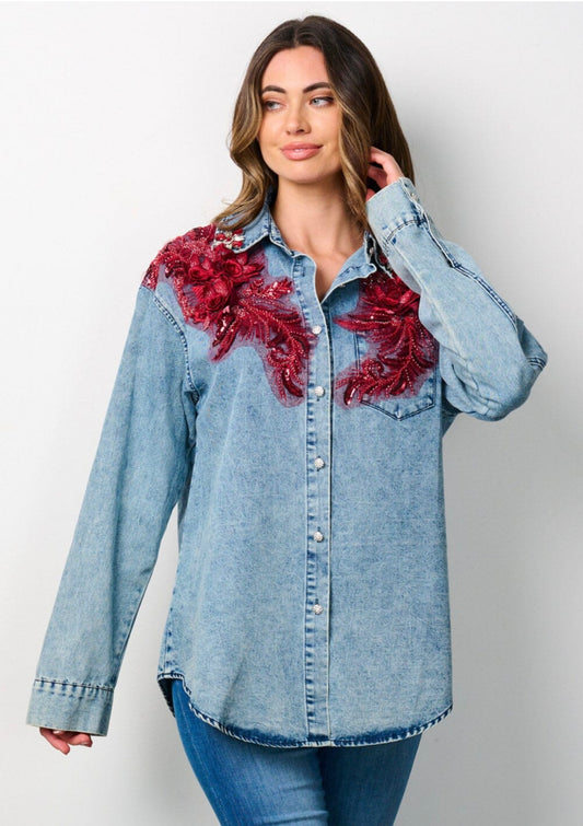 BUTTON UP FLORAL EMBROIDERY STUDS DETAILED DENIM TOP