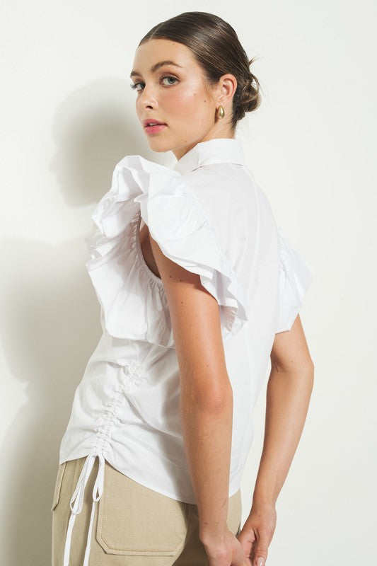 RUFFLE SHORT SLEEVE WHITE BLOUSE